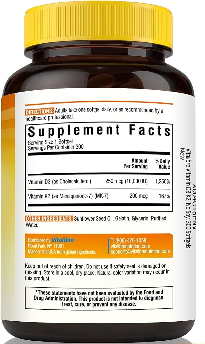 Vitalibre Vitamin D3 K2 Supplement, 10000 IU D3 / 200 mcg K2 MK7, Calcium Absorption, Bone, Heart, Immune & Mood Support, Enhanced Absorption, No Soy, Easy to Swallow, 300 Softgels