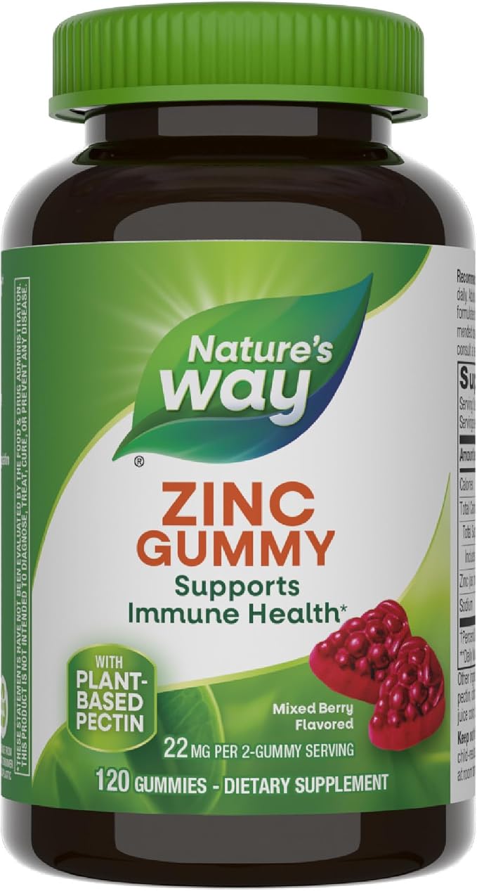 Nature's Way Zinc Gummies, Immune Support Gummy with 100% Daily Value of Zinc per 1-Gummy Serving*, Adults & Kids 9+, Gluten Free, Plant-Based Pectin, Mixed Berry Flavored, 120 Gummies