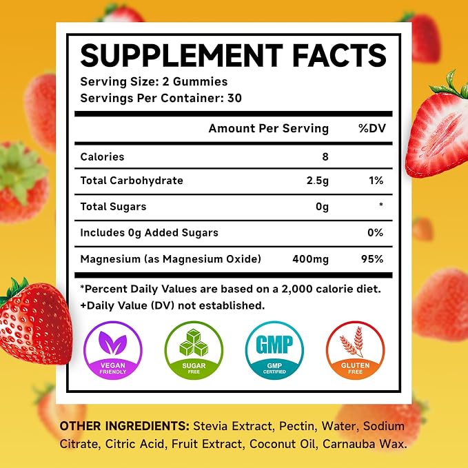 2 Pack Magnesium Oxide Gummies 400mg, Chewable Magnesium Oxide Supplement for Adults & Kids, Muscle Function Support, Non-GMO, Sugar-Free, Strawberry Flavor, 120 Count