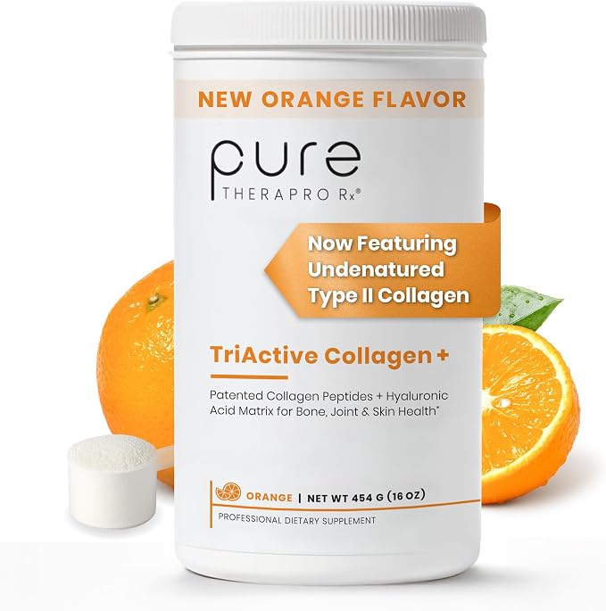 Pure Therapro Rx TriActive Collagen Plus, Collagen Powder for Hair, Skin, Nails, Bones & Joints, Hydrolyzed Collagen Powder w/Patented Peptides, Unflavored Multi Collagen Protein Powder (Orange)