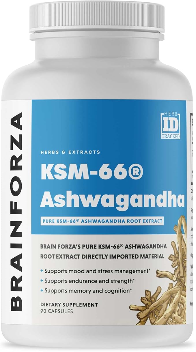 Brain Forza KSM-66 Ashwagandha Organic Pure Root Extract, Strongest 1,000mg Dose, High Potency 5% Withanolides, Hormone Health, Cognitive Support, Organic, Non-GMO, 90 Capsules