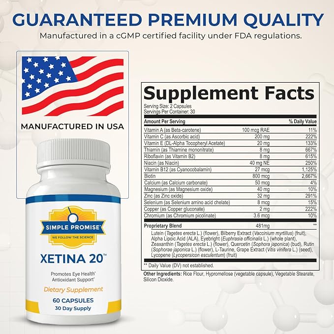 Simple Promise - Xetina 20™ Lutein and Zeaxanthin Supplements - Essential Support for Eye Health with Vitamins E, Eyebright, Zinc, Grape Seed Extract, Rutin & Bilberry - 60 Capsules