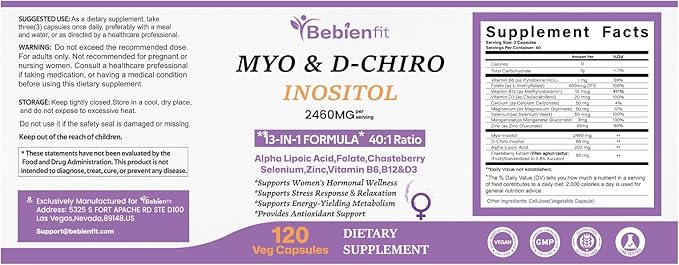 13-in-1 Myo Inositol & D-Chiro Inositol for Women,2460mg-40:1 Ratio Supplement Plus Alpha Lipoic Acid/Folate/Vitex/Magnesium,240 Vegan Capsules