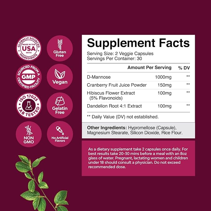 Bundle of D Mannose Capsules for Urinary Tract Health for Women Fast Acting Super Concentrated Cranberry 60ct and Kidney Support Cranberry Supplement for Women and Men for Kidney and Bladder Health
