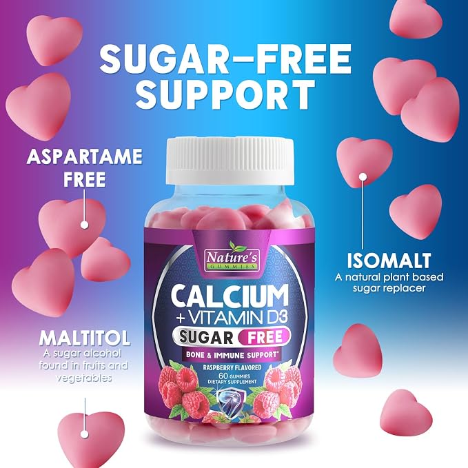 Calcium Supplement Gummies - Sugar Free Calcium Gummy with Vitamin D3 for Best Absorption - Supports Immune Health, Bones & Teeth - Nature's Calcium Chews for Women & Men - Berry Flavor - 60 Gummies