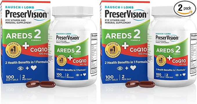 PreserVision AREDS 2 Eye Vitamins with CoQ10 for Heart Health,#1 Eye Doctor Recommended Brand,Lutein and Zeaxanthin Supplement with Vitamin C & E,Zinc,and Copper,100 Softgels,(Pack of 2)
