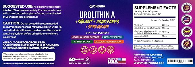 Urolithin A Supplement 500mg with 4-in-1 Power Blend of Spermidine 10mg, Shilajit 300mg & Cordyceps 400mg Per Serving - Boosts Cellular Energy, Strength, Longevity, Immunity & Healthy Aging