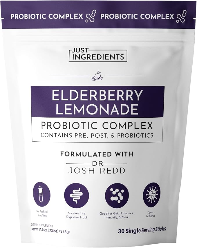JUST INGREDIENTS Elderberry Lemonade 3-in-1 Probiotic Complex - Prebiotics, Probiotics & Postbiotics - 30 Sticks