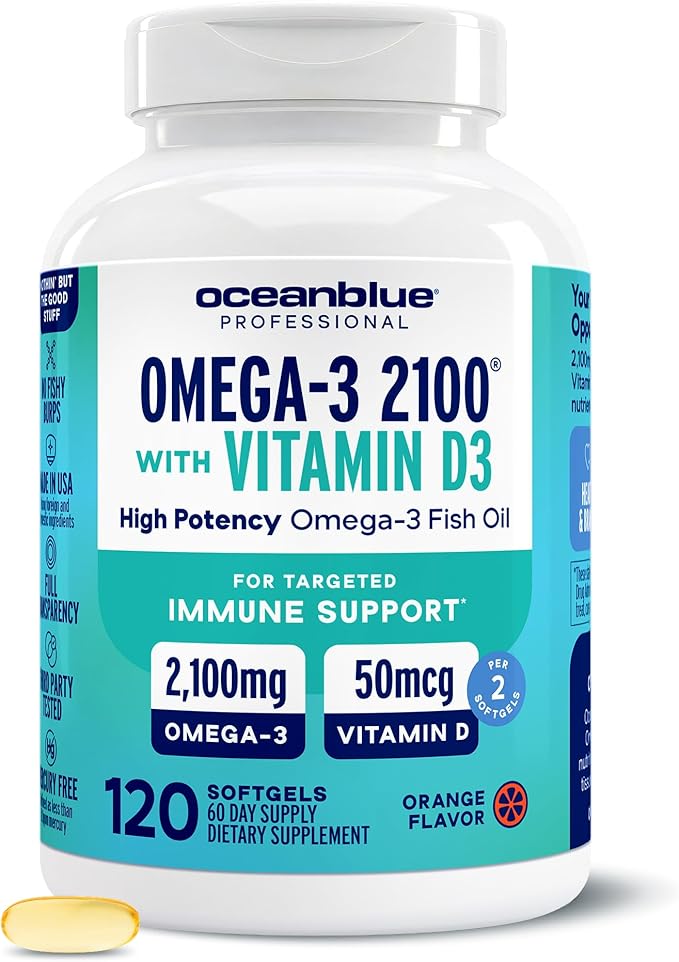 Oceanblue Professional Omega-3 2100 with Vitamin D3 – 120 ct – Triple Strength Burpless Fish Oil Supplement with High-Potency EPA, DHA, DPA and Vitamin D3 – Wild-Caught – Orange Flavor (60 Servings)