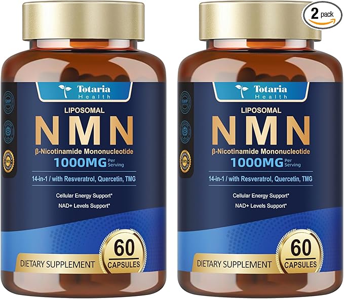 Totaria 2 Packs Liposomal NMN Supplement 1000mg, 14-in-1 NMN Resveratrol Complex with CoQ10, TMG, Quercetin, ALA, PQQ, Support NAD Levels, Cellular Energy & Healthy Aging, cGMP, Filler Free