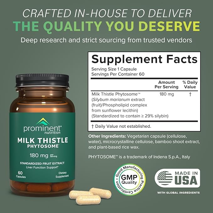 Prominent Nutrition Milk Thistle Phytosome, Clinically Researched Siliphos Milk Thistle Extract for Liver Function, Detox, and Cleanse Support, Standardized to 29% Sylibin, 180 mg - 2 Pack