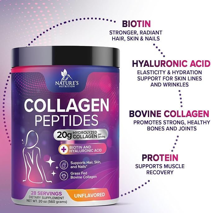 Collagen Peptides Powder - Hydrolyzed Type 1 & 3 Collagen Peptides 20g per Serving with Hyaluronic Acid & Biotin - Vital Nail, Skin & Joint Support - No Sugar, Unflavored, Bottled in USA - 28 Servings