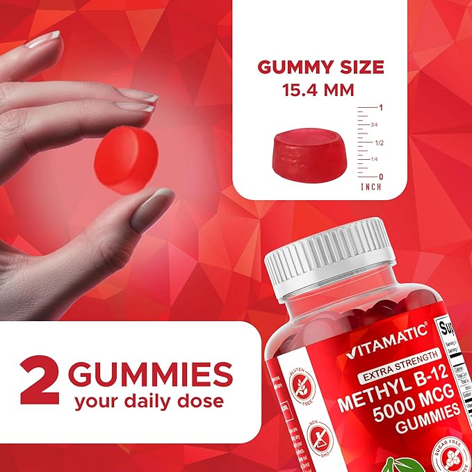 Vitamatic Extra Strength Vitamin B12 5000 mcg (Methyl B12) Gummies - 240 Count, Natural Cherry Flavored