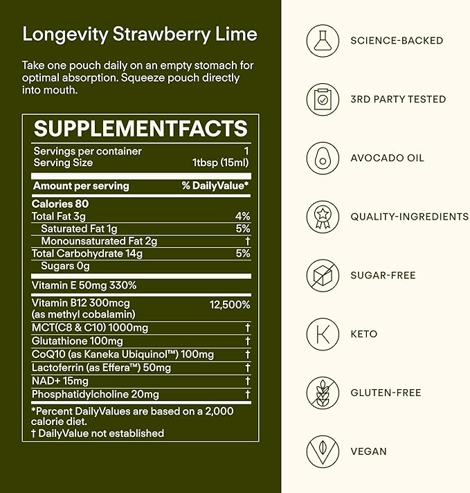 Liposomal Glutathione Supplement NAD+ Longevity Mix w/Liquid NAD+, CoQ10, B12, MCT & Avocado Oil – Cellular Health, Energy, Brain, Gut & Heart Support* – Strawberry Lime – 30 Pouches