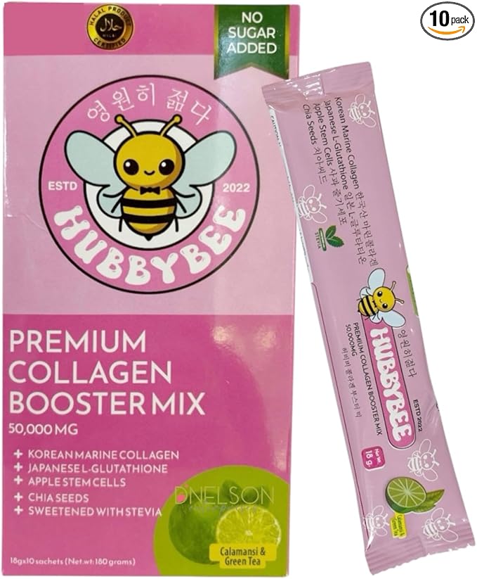 Hubby Bee Premium Collagen Booster Mix - 50,000 MG Korean Hydrolyzed Marine Collagen with Japanese L-Glutathione & Apple Stem Cells - 10 Sachets (18g Each) (180g, Calamansi & Green Tea)