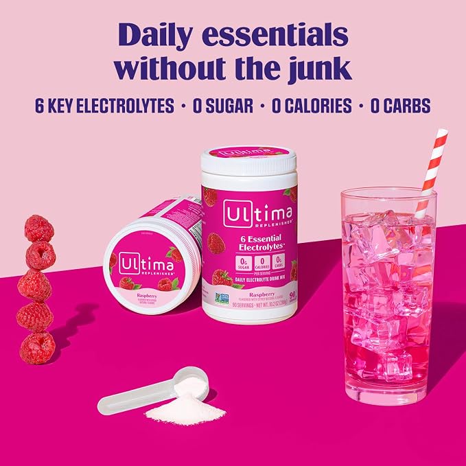 Ultima Replenisher Daily Electrolyte Powder Drink Mix, 90-Serving Canister | Zero Sugar Raspberry Hydration Powder with 6 Electrolytes & Minerals - Sugar Free, Plant-Based & Keto Friendly