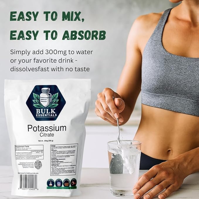 Potassium Citrate Supplement – 250g Pure Powder for Muscle & Electrolyte Support – USA Made, Non-GMO & Gluten Free – Potassium Supplement 300mg Per Serving