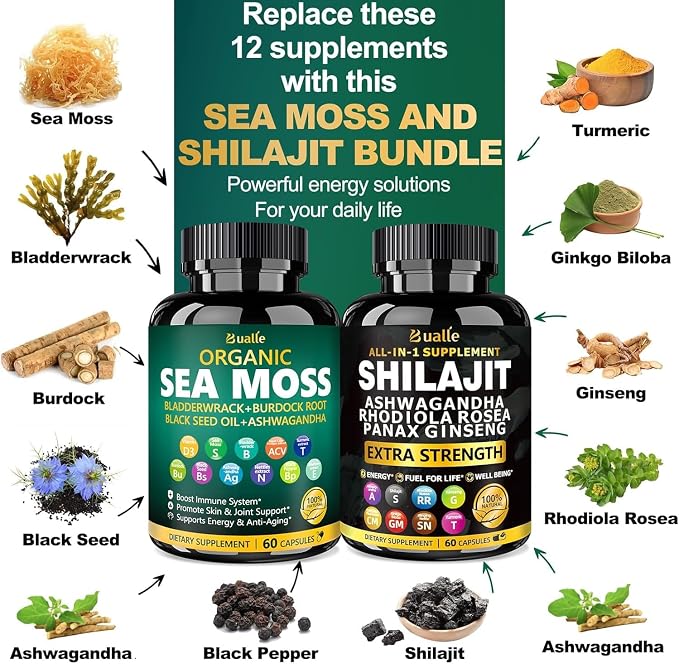 Sea Moss & Shilajit Capsules for Energy Boost - Irish Sea Moss with Black Seed Oil, Ashwagandha, Bladderwrack & Burdock Root - Himalayan Shilajit Complex with Rhodiola, Ginseng & Cordyceps - 2 Pack