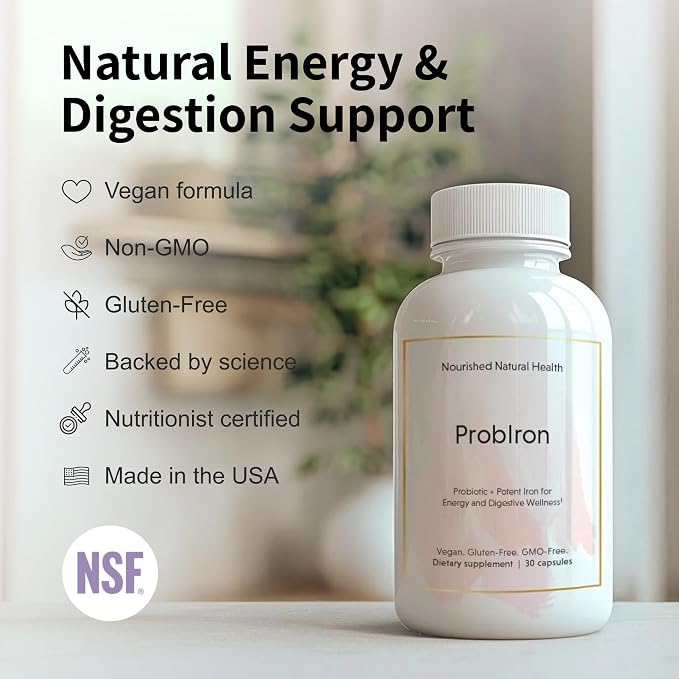 Nourished Natural Health ProbIron - Women's Probiotic + Iron Supplement Boosted with Vitamin C and Copper - Vegan Formula for Energy and Digestive Wellness - 60 Capsules