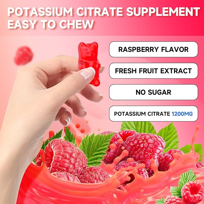 Potassium Citrate Gummies, High Potassium Supplement 1200mg Support Leg Cramps & Muscle Health, Potassium Gummies for Adults & Kids, Vegan, Raspberry Flavor 60 Count