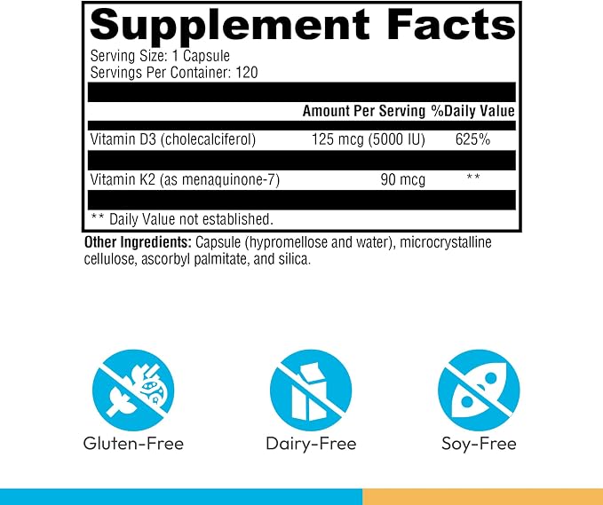 XYMOGEN K2-D3 5000 - Vitamin D3 K2 - Bioavailable Vitamin D 5000 IU (Cholecalciferol) with MK-7 - Heart, Arterial, Bone Health + Immune Support Supplement (120 Capsules)