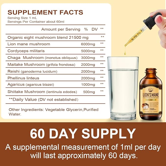Lions Mane Supplement, Liquid Mushroom Extract Drops, 8 Mushrooms Complex for Cognitive Support and Immunity Boost, Up to 2 Month Supply, Mushroom Supplement with Lion's Mane, Cordyceps, Reishi