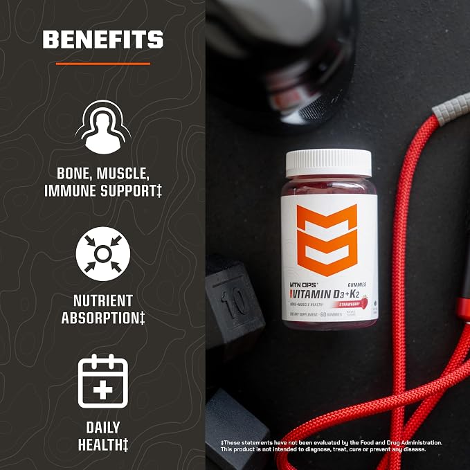 MTN OPS Vitamin D3 K2 Gummies, 5000 IU Vitamin D3 and Vitamin K2 MK7, Naturally Gluten-Free with Natural Strawberry Flavor, 60 Soft-Chew Gummies, 60 Servings per Container