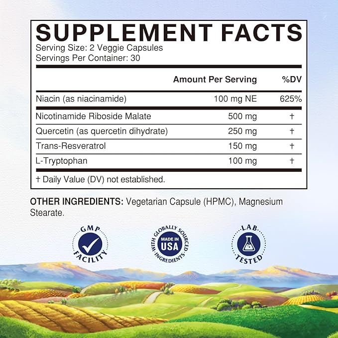 Vitalitown 5 in 1 NAD+, NMN Supplement Alternatives, Nicotinamide Riboside (NR), Trans-Resveratrol, Quercetin, Niacinamide, L-Tryptophan, for Cellular Energy, Heart, Skin, 60 Veggie Capsules