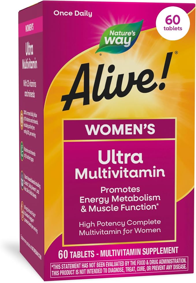 Nature's Way Alive! Ultra Multivitamin for Women, Complete Daily Women's Vitamins, High Potency Formula, Promotes Energy Metabolism and Muscle Function*, Vitamin A, C, D, Methylated B12, 60 Tablets