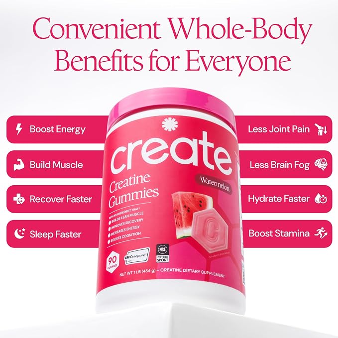 Create Creatine Monohydrate Gummies for Men & Women, Boost Focus, Strength, and Endurance, Anti-Melting Formula, Vegan, Gluten-Free, Non-GMO, 1.5g of Creatine per Gummy (Watermelon)