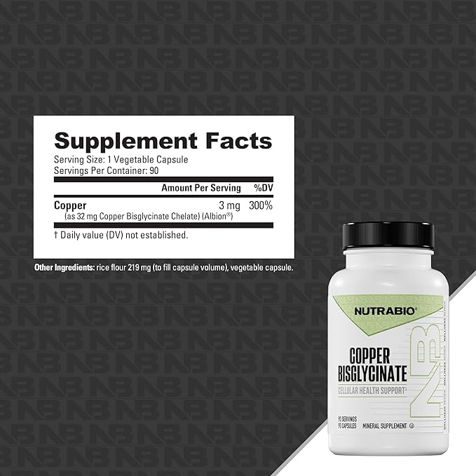 NutraBio Chelated Copper Bisglycinate Supplement (3mg), Immune Support - Copper Supplement- 90 Capsules