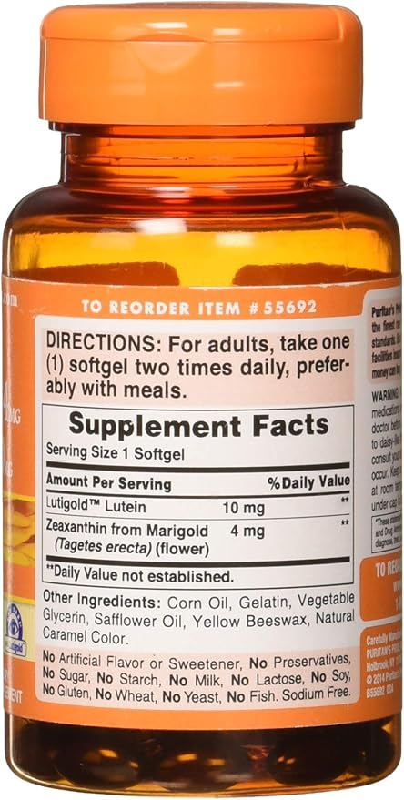 Puritan's Pride Zeaxanthin 4mg with Lutigold™ Lutein 10mg Carotenoids, Dietary Supplement for Healthy Eyes and Vision, 60 Easy-to-Swallow Rapid Release Softgels (Pack of 2)