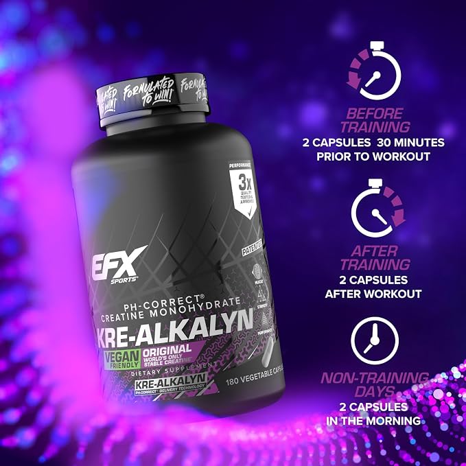 EFX Sports Kre-Alkalyn EFX | pH Correct Creatine Monohydrate Pill Supplement | Vegan Friendly | Strength & Muscle Growth | 90 Servings, 180 Veggie Capsules (Pack of 2)