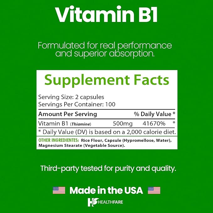 Healthfare Vitamin B1 (Thiamine) 500mg | 200 Vegan Capsules | Extra Strength High Potency Supplement | Supports Energy & Nervous System | Non-GMO, Gluten-Free | Made in USA