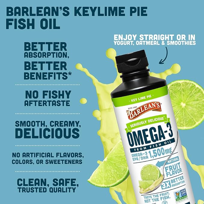 Barlean's Omega 3 Fish Oil Liquid Supplement for Men and Women, 1500mg of EPA and DHA Fatty Acid, Promotes Brain & Heart Health - Non-GMO, Key Lime Pie, 16 oz