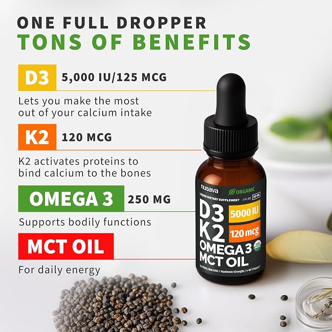 (2 Pack) Organic Vitamin D3 K2 Drops with MCT Oil Omega 3, 5000 IU, Maximum Strength Vitamin D Liquid, No Fillers, Non-GMO Liquid D3 for Faster Absorption and Immune Support (Unflavored, 2 Fl Oz)