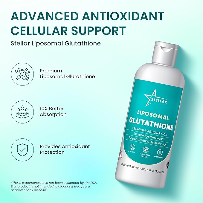Stellar Liposomal Glutathione Liquid – Premium Absorption Antioxidant for Detox, Immune Support & Cellular Health – Non-GMO, Gluten-Free, Third-Party Tested – 4 fl oz (120 mL)