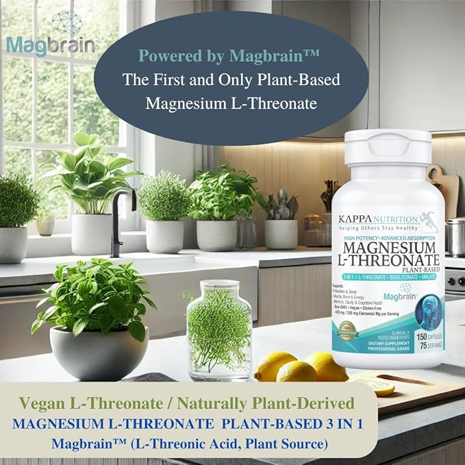 Kappa Nutrition Powered by Magbrain™ Magnesium L-Threonate Plant-Based, 150 Vegan Capsules, 420mg Elemental Magnesium (3 Capsules) from 2,253mg, Brain, Sleep & Muscle Support.