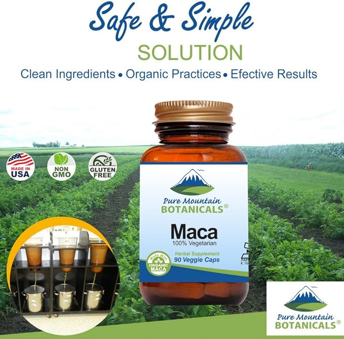 Pure Mountain Botanicals Maca Root Capsules - Kosher Vegan Caps Now with 1000 mg Organic Raw Macca and Gelatinized Maca Root Supplement