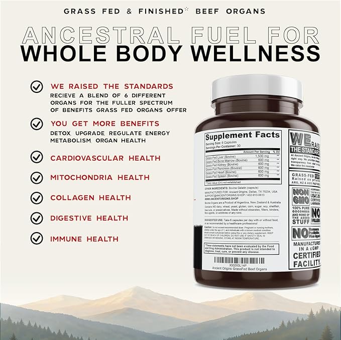 Grass Fed Beef Organs Supplement 4500mg - Desiccated Liver, Bone Marrow, Heart, Spleen, Pancreas & Kidney, Non-GMO, Gluten Free, Undefatted by Ancient Origins (180 Capsules, 750mg Each)