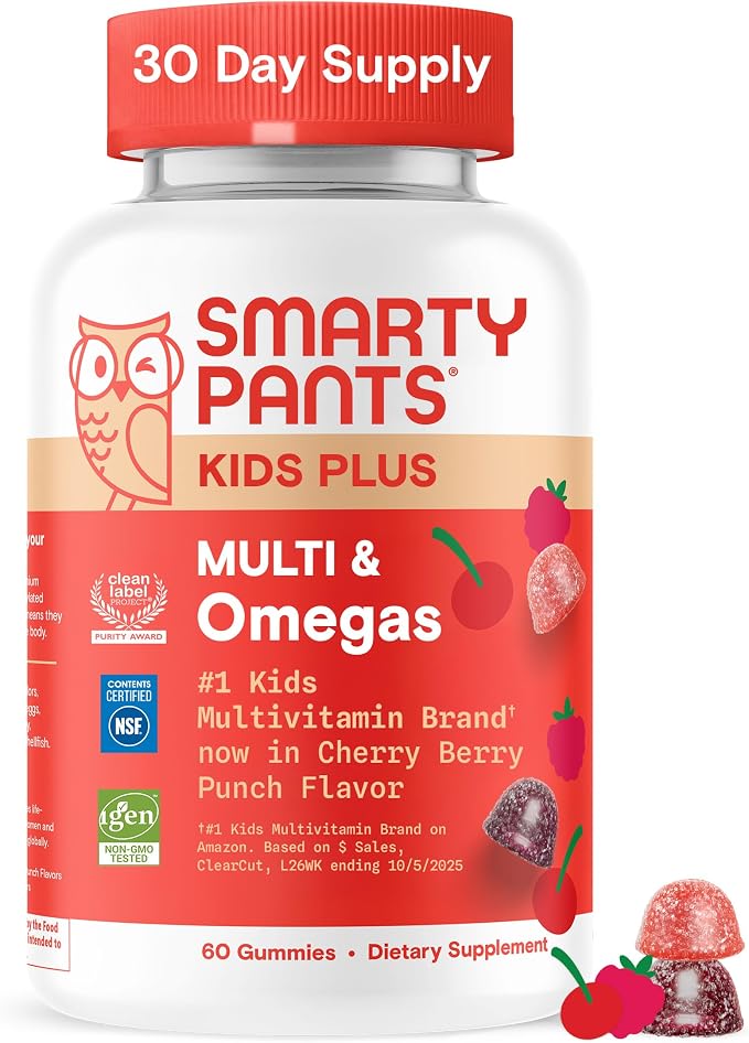 SmartyPants Kids Multivitamin Gummies, Omega 3 (DHA/EPA), Vitamins D3, C, B12, B6, Vitamin A, K & Zinc, Gluten Free, Cherry Berry Punch Flavors, 60 Count (30 Day Supply)