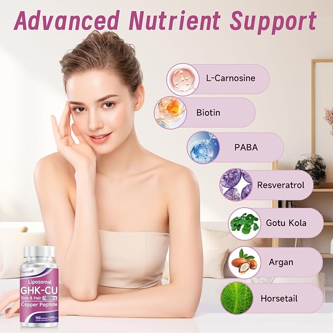 GHK-Cu Copper Peptide Supplement, 300 mcg per Serving, Liposomal Formula, 100 Vegan Capsules – Beauty Support Matrix with Biotin, Phytoceramides & Herbal Blend