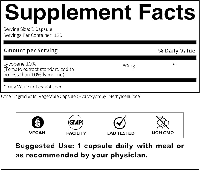 Lycopene 50mg, Natural Carotenoid Antioxidant Supplement from Tomatoes, Standardized Extract for Heart, Prostate & Skin Health – Non-GMO, 120 Veg Capsules