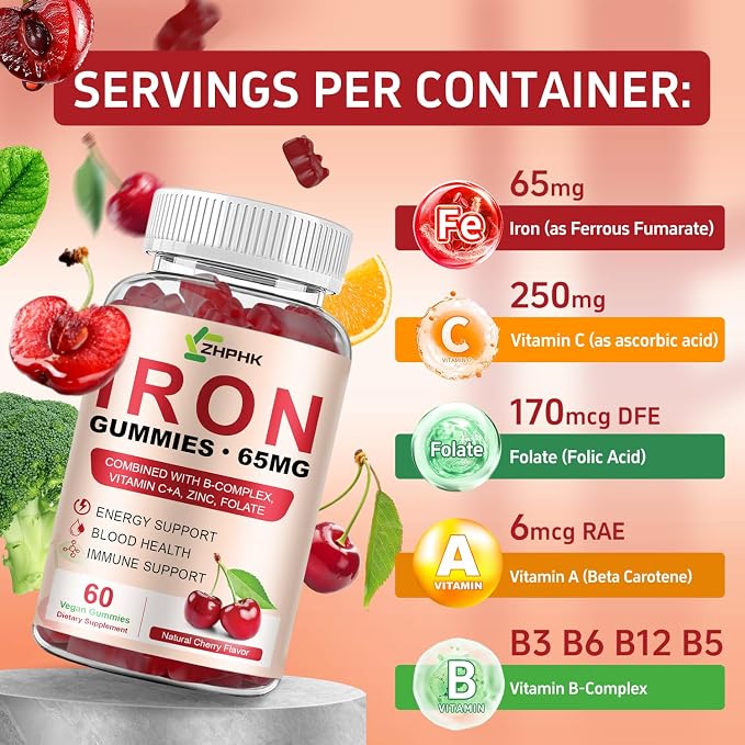 ZHPHK Iron Gummies Supplement for Women, Men & Kids, Iron 65mg with 250mg Vitamin C B6 B12 Folate Healthy Blood, Energy & Immune Support Gentle on Stomach Ferrous Fumarate, 120 Count