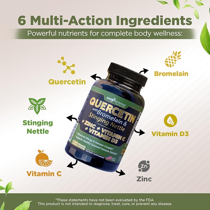 Gade Nutrition Quercetin with Vitamin C, Zinc & Stinging Nettle - Nettle Quercetin - Quercetin 500mg - Quercetin with Bromelain - Zinc Quercetin + Vitamin D3-360 Veggie Caps - 6 Month Supply