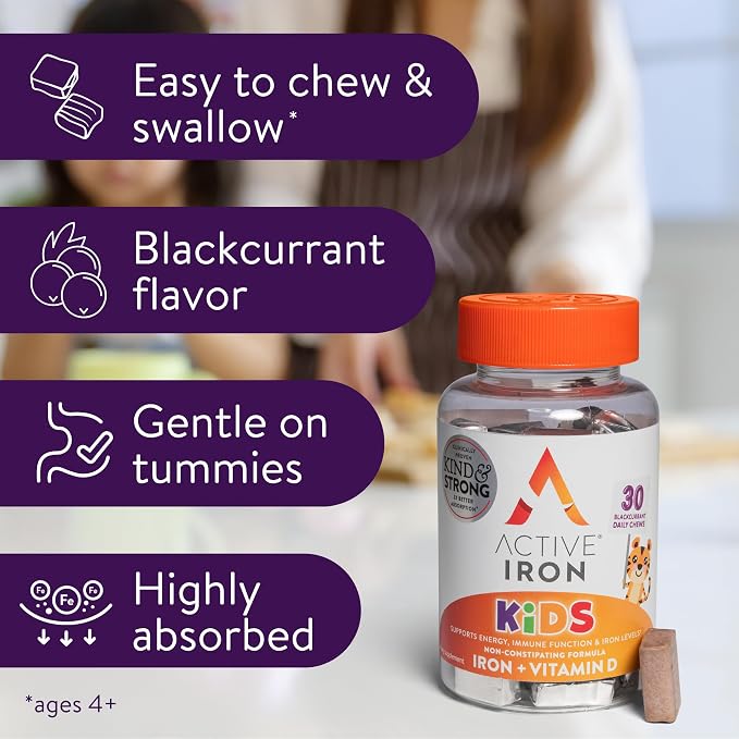 Active Iron Supplement 7mg + Vitamin D for Kids, Clinically Proven Better Absorption, Increase Iron & Energy Levels, Gentle & Non-Constipating, Supports Growth & Immune Health, 30 Blackcurrant Chews