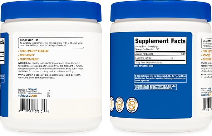 Nutricost L-Carnitine Tartrate Powder (250 Grams) - 1 Gram per Serving, 250 Servings