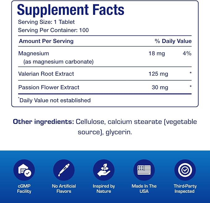 Valerian Root for Sleep and Relaxation - Gentle Magnesium Supplement for Sleep and Mood Support with Passion Flower and Valerian Root Extract - Vegan Non-GMO & Made in the USA - 100 Servings