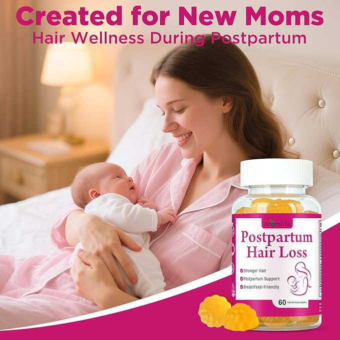 Aromlife Postpartum Hair Loss Gummies for Women Stronger Hair, Postpartum Hair Gummies with Biotin, Folate, Zine, Vitamin E, B6 & B12, 60 Count Vegan Breastfeeding-Friendly Postnatal Vitamins Gummy