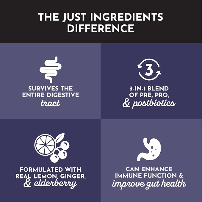 JUST INGREDIENTS Elderberry Lemonade 3-in-1 Probiotic Complex - Prebiotics, Probiotics & Postbiotics - 30 Sticks